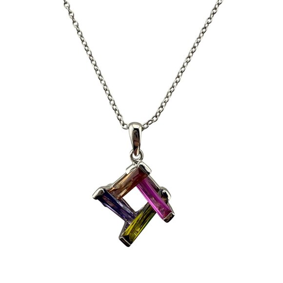 Silver-Tone Necklace With Multicolor Geometric Pendant Adjustable Chain Unique D - Picture 1 of 4